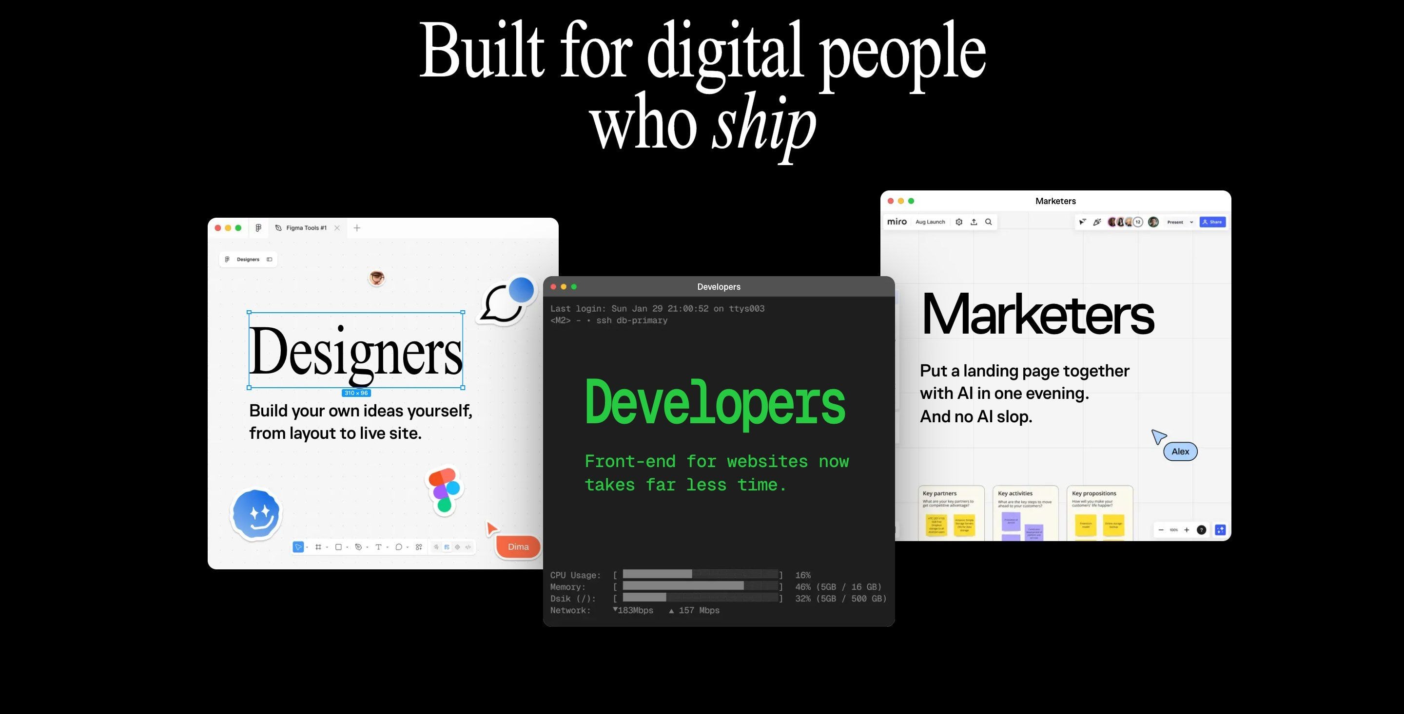 "For those launching projects" block: designers, developers and marketers